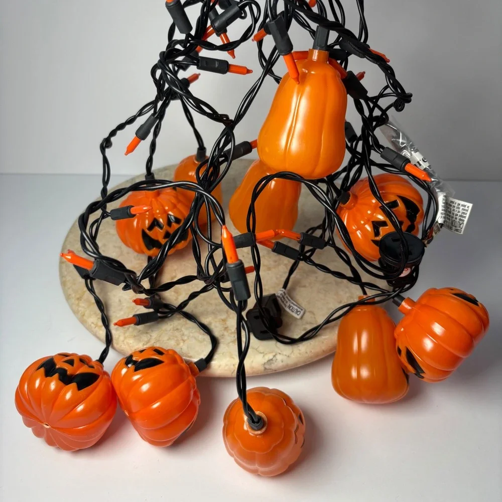 VTG Halloween Pumpkin Jack-O-Lantern‎ String Lights Orange Black Plug-in Decor
